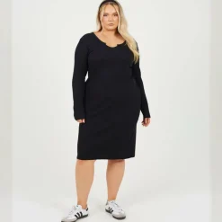 Womens Plus Size Long Sleeve Midi Dress with Notch Neck Detail