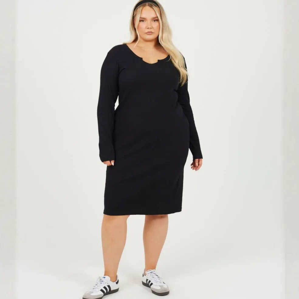 Womens Plus Size Long Sleeve Midi Dress with Notch Neck Detail