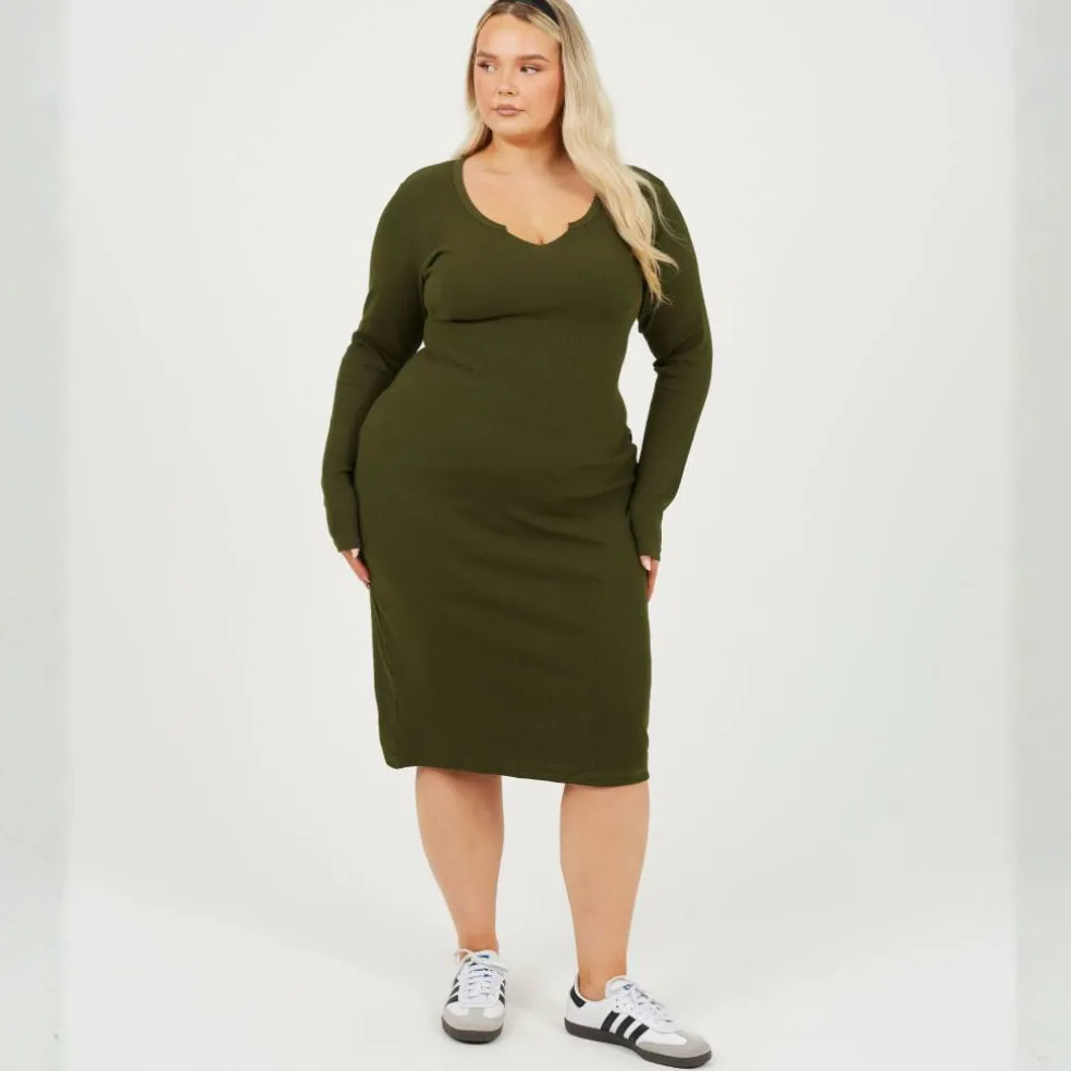 Womens Plus Size Long Sleeve Midi Dress with Notch Neck Detail