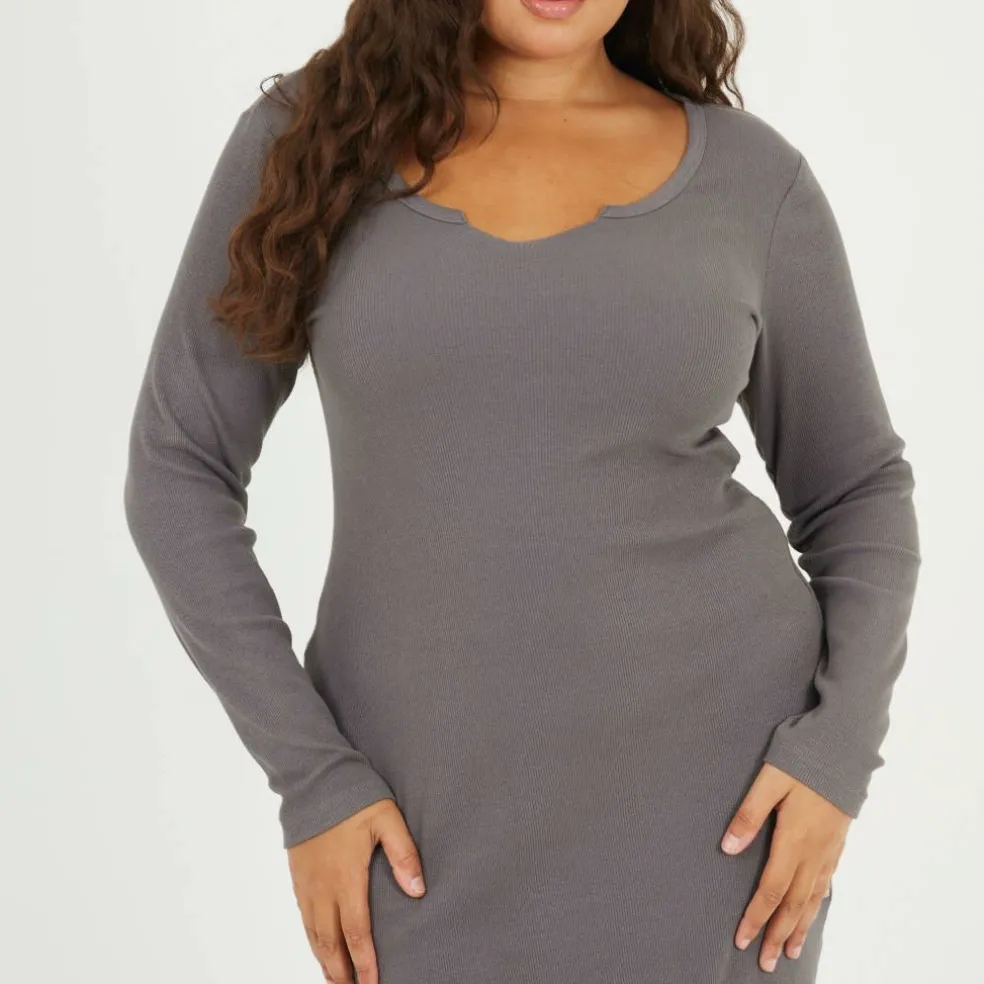 Womens Plus Size Long Sleeve Midi Dress with Notch Neck Detail