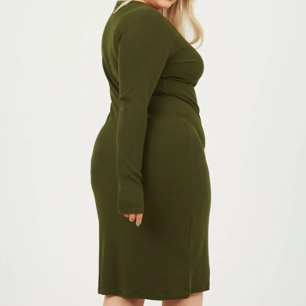 Womens Plus Size Long Sleeve Midi Dress with Notch Neck Detail