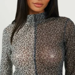 Womens Printed Mesh Long Sleeve T-Shirt