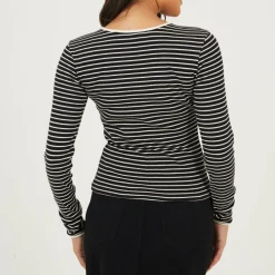 Womens Ribbed Long Sleeve Striped Top with Tie Detail