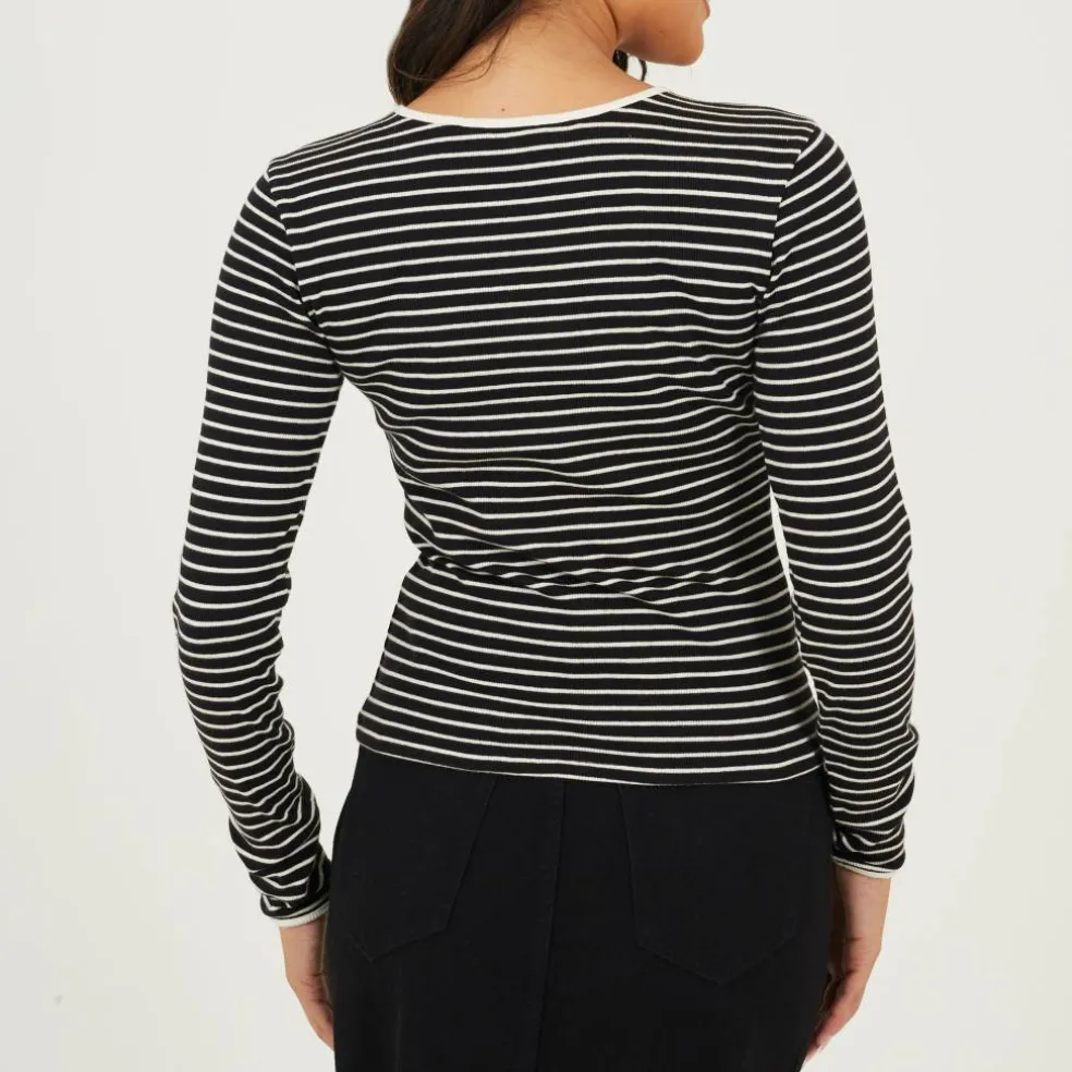 Womens Ribbed Long Sleeve Striped Top with Tie Detail
