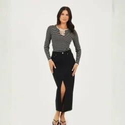 Womens Ribbed Long Sleeve Striped Top with Tie Detail