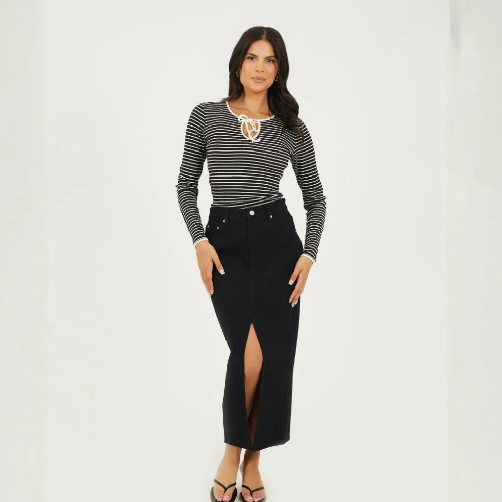 Womens Ribbed Long Sleeve Striped Top with Tie Detail