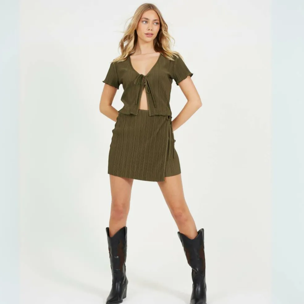 Womens Side Tie Plisse Mini Skirt
