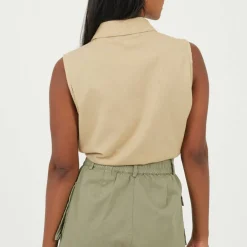 Womens Sleeveless Collared Top with Tie Detail
