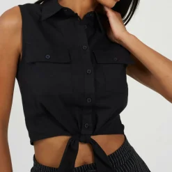 Womens Sleeveless Collared Top with Tie Detail